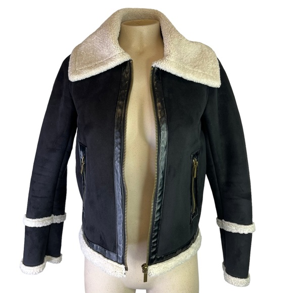 NWOT Michael Michael Kors Black/Bone Aviator Jacket Faux Suede Sherpa Size XS - Picture 4 of 11